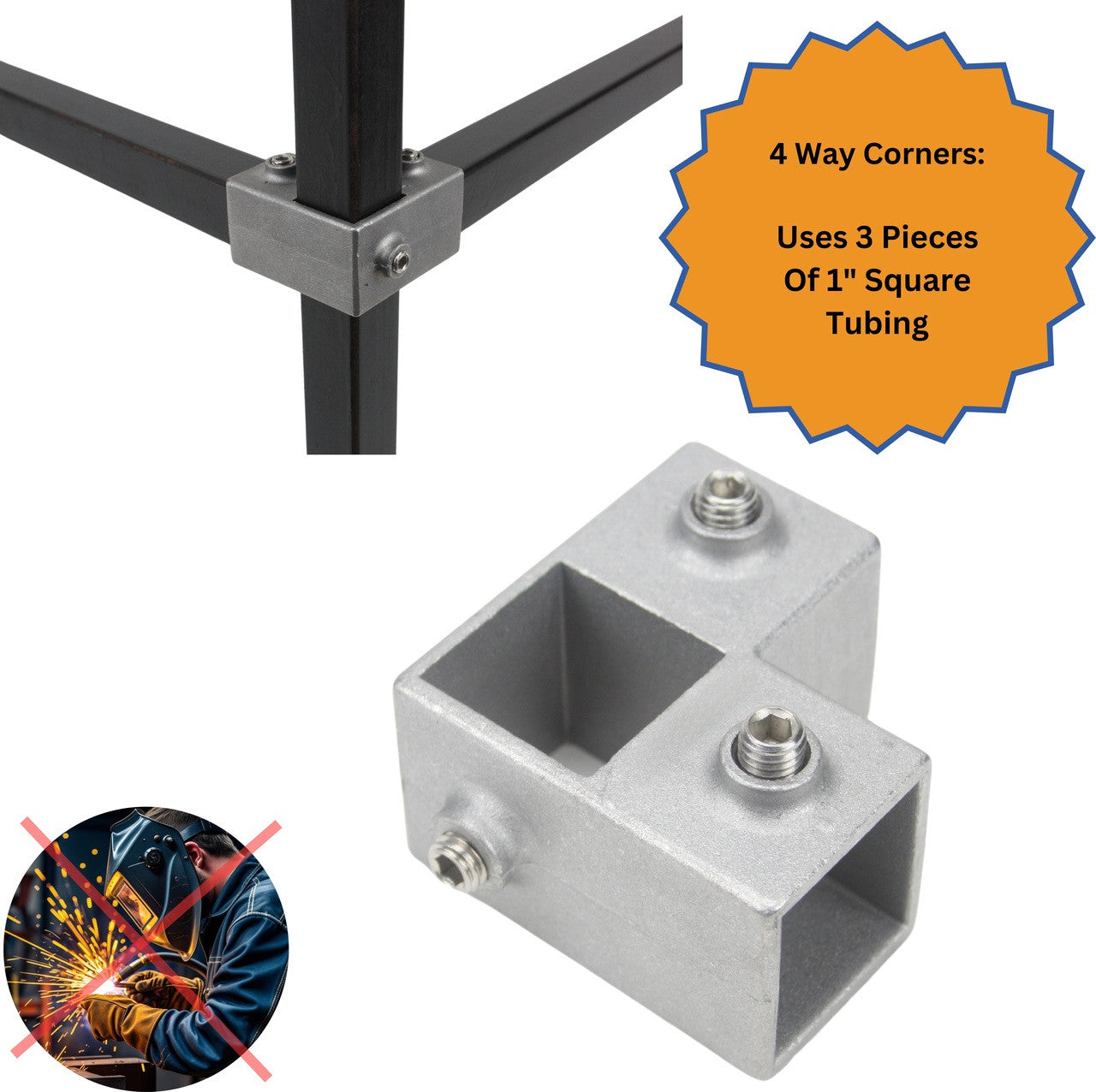 Build-A-Frame  4 Way Corner. 1" Square Tube Metal Frame Connectors.