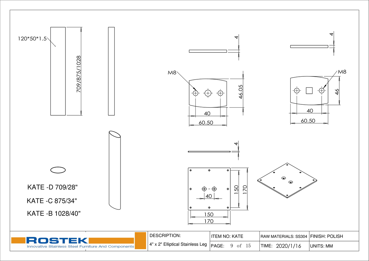 Drawings for KATE series of elliptical legs.