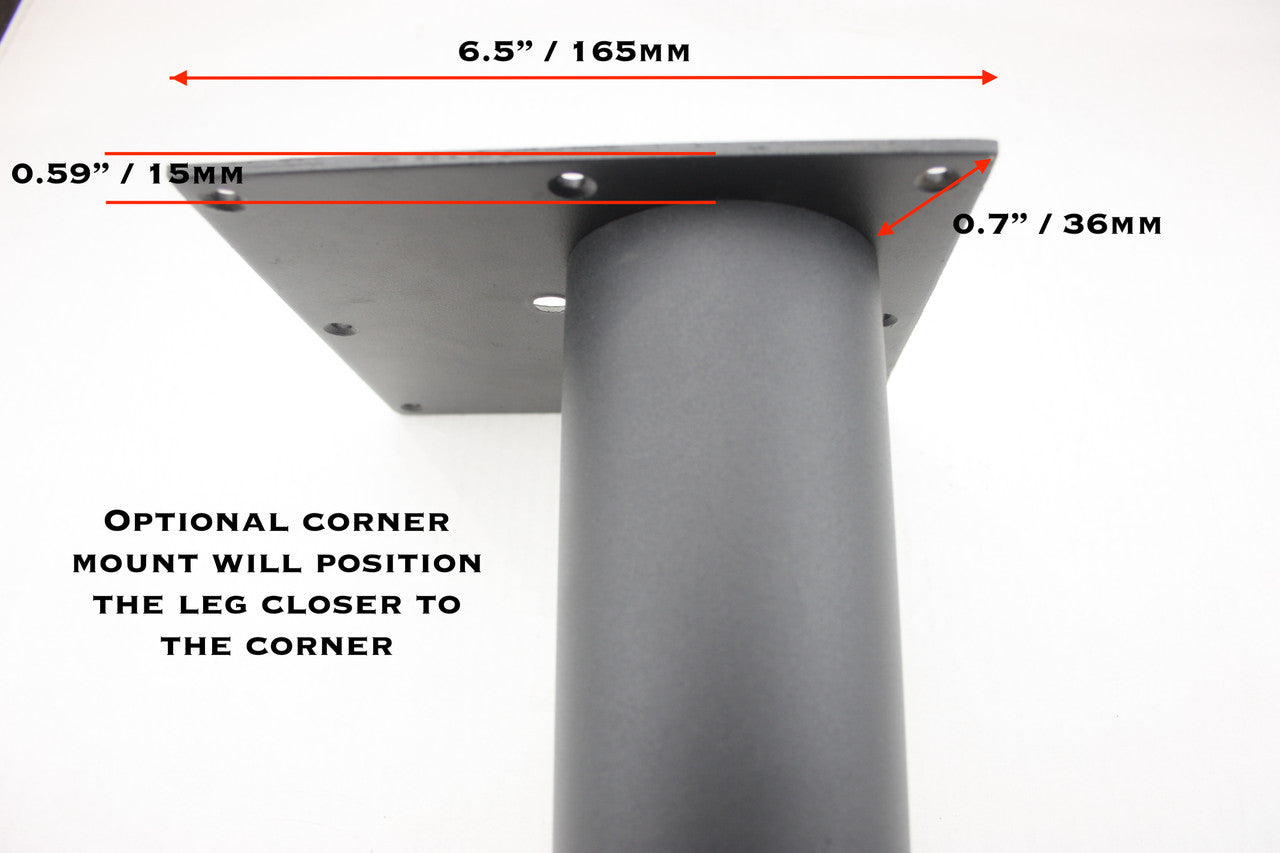 This photo illustrates the optional corner positioning of the leg on the mounting plate, allowing for the leg to be positioned closer to the corner of the table, with less overhang.