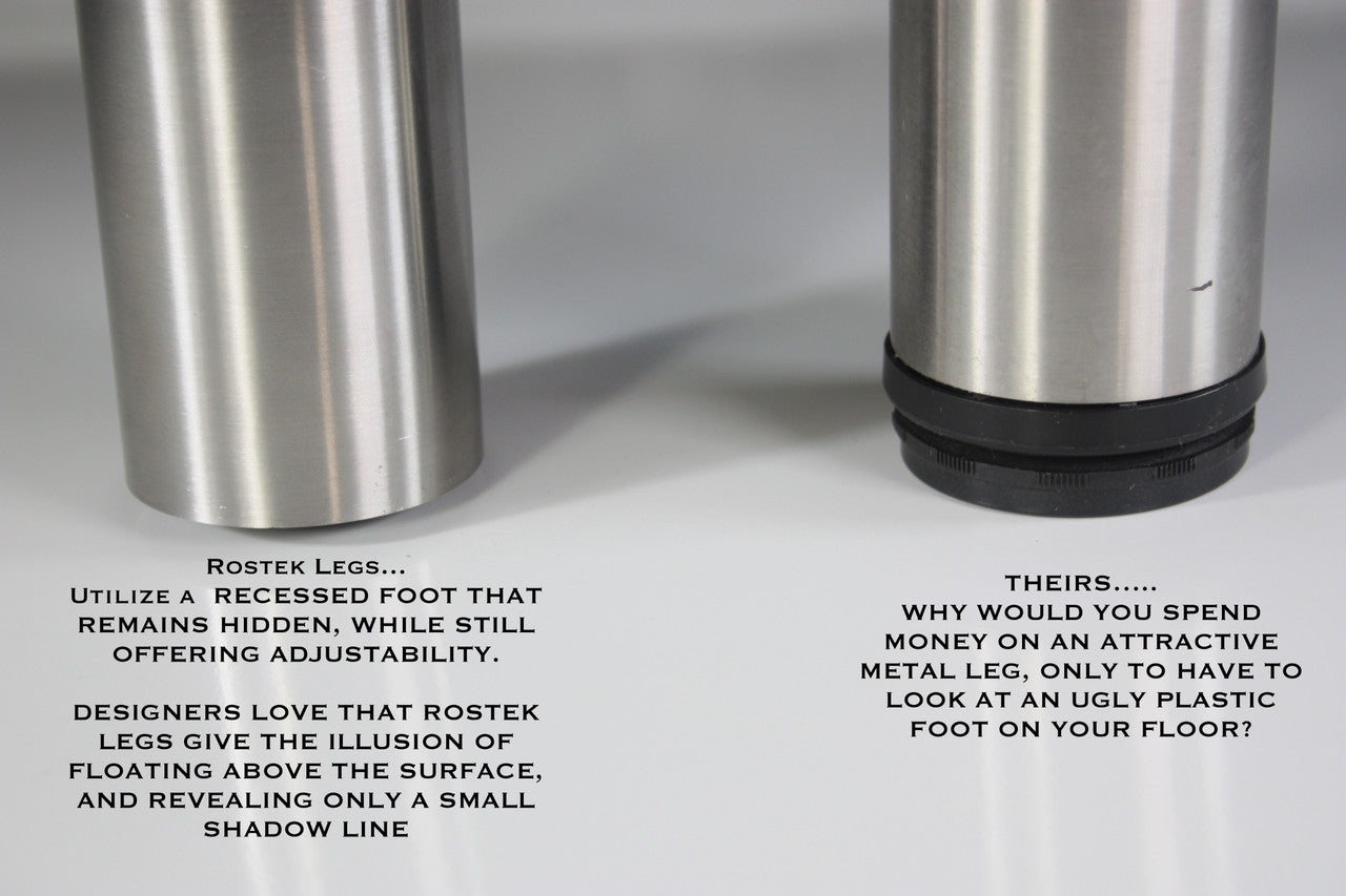 Our KATS50 legs have the same concealed and adjustable nylon glide foot as all our Rostek legs do (as seen in the left-hand image), to ensure your floors are well protected from unnecessary damage.