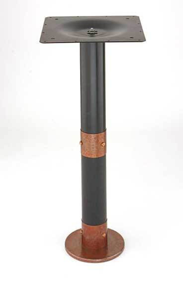 The Copper Eclipse Bolt Down Base has a Durable 3" steel column, 1.5mm thick, with an 11.8" square pressed mild steel spider and hand-hammered copper cover. Shown here with 2 copper collars. These bases are ideal for use as counter tops, bar tops or kitchen island supports. Their application is particularly desirable in the hospitality industry, because the immovable base cover prevents dirt or contaminants from becoming trapped underneath.