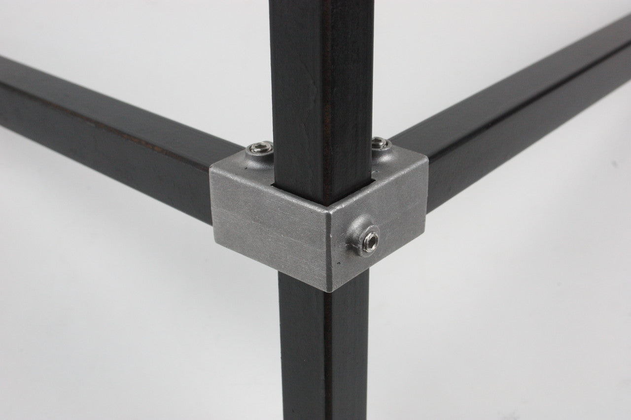 Build-A-Frame  4 Way Corner. 1" Square Tube Metal Frame Connectors. Shown with tube constructed.