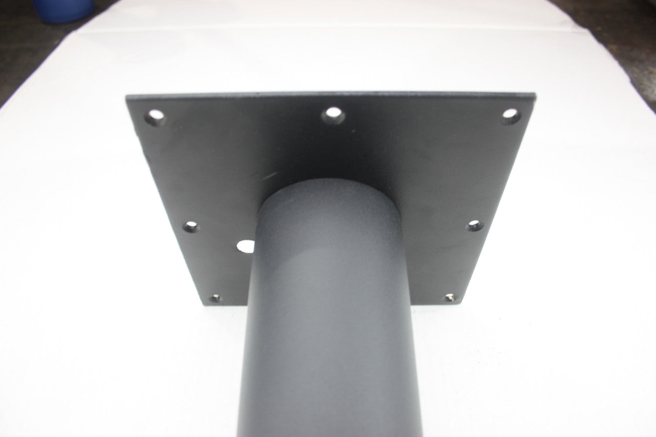 Our mounting plates are 4mm thick plate steel, with 2 mounting bolts to ensure strong support. This photo illustrates the leg mounted in the center of the mounting plate.