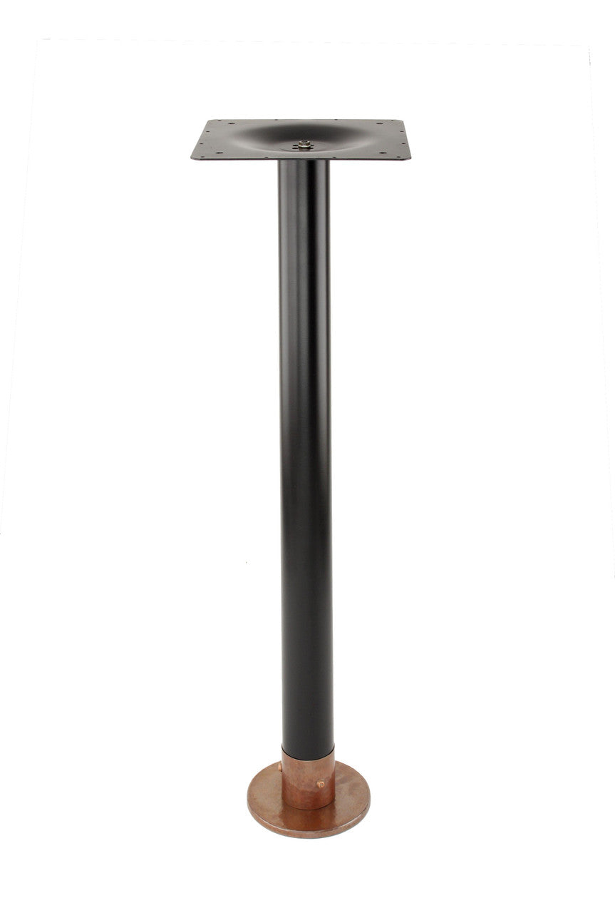 The Copper Eclipse Bolt Down Base has a Durable 3" steel column, 1.5mm thick, with an 11.8" square pressed mild steel spider and hand-hammered copper cover. Shown here in bar height with 1 copper collar. These bases come in dining, counter and bar height.