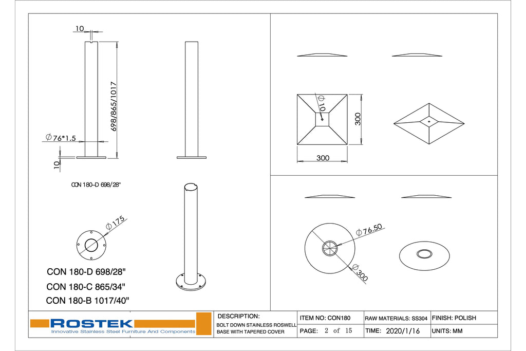 CON180 Stainless Steel Roswell Bolt Down Base