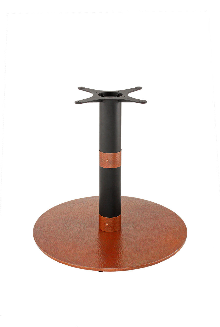Rostek Copper Table Base - 3" diameter steel tubing with 1.5mm thickness, featuring a hand-hammered 100% true copper cover, 11.8" square pressed mild steel spider, and powder-coated finish.