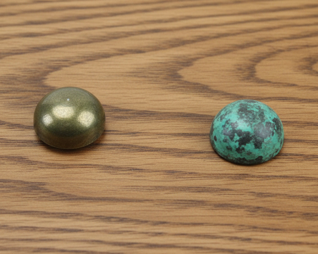 These brass and copper screw covers are used for hiding unsightly screws or fasteners, or as a highlight feature. Pictured are the aged brass and copper patina