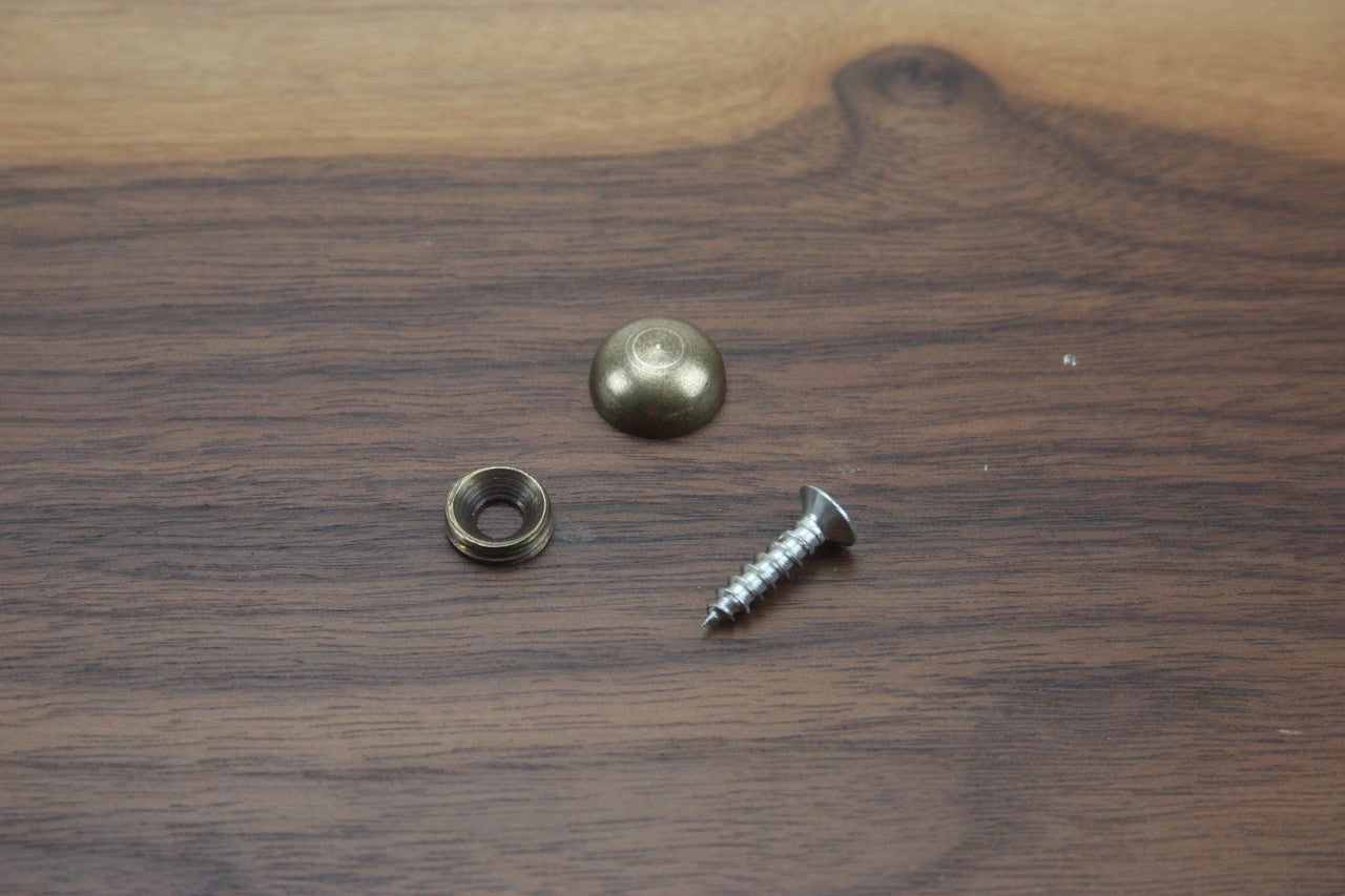 These brass screw covers are used for hiding unsightly screws or fasteners, or as a highlight feature. These screw covers are machined from solid brass and have an aged brass finish. The screw cover accepts a 4mm diameter screw with an 8mm diameter head and comes in either a pack of 10 or 100. Aged brass version is shown in photo.