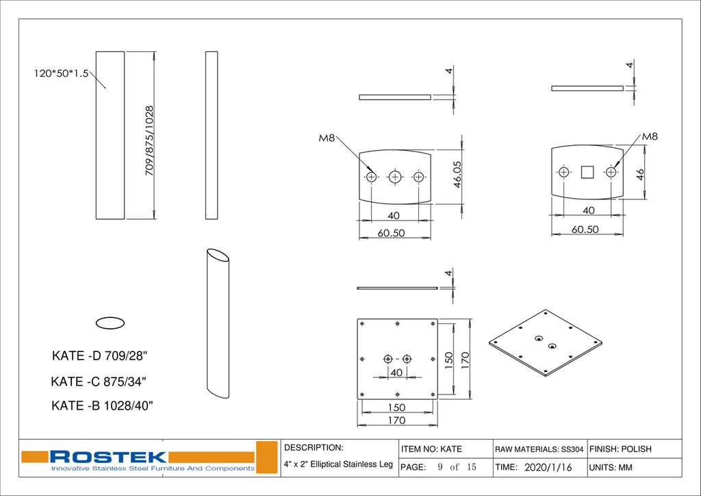Drawings for KATE series of elliptical legs.