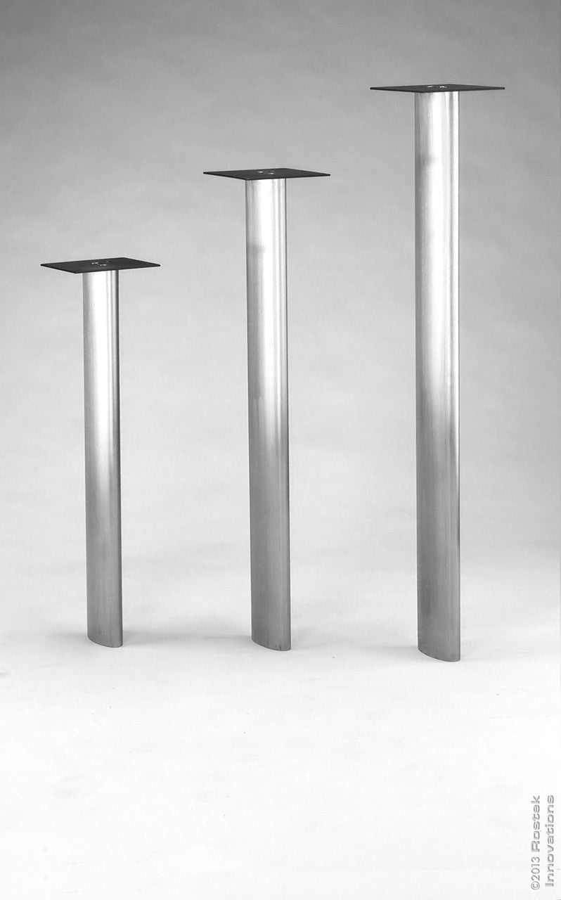 Dining, counter and bar heights available of these elliptical shaped stainless steel legs. Custom heights are also available.