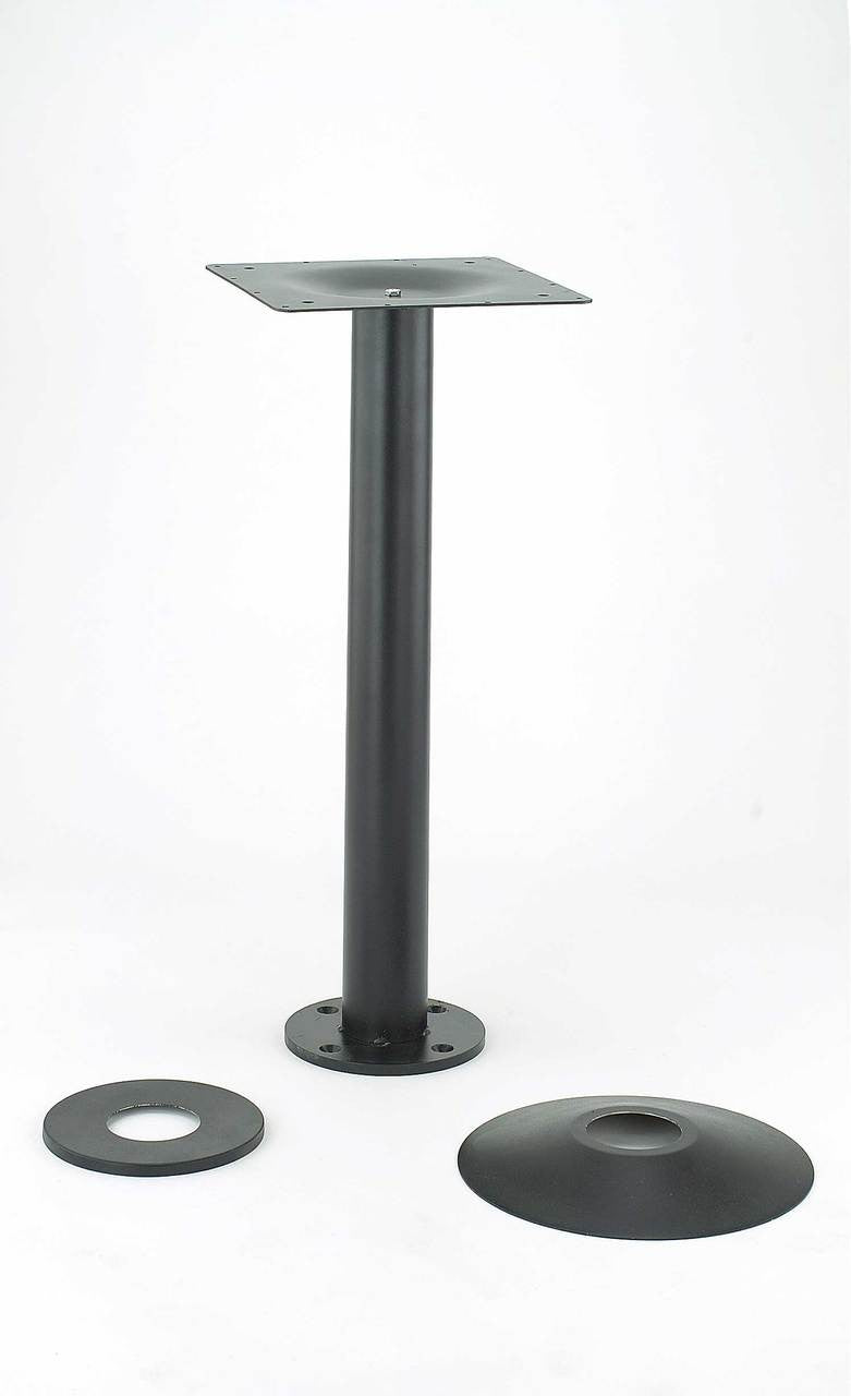 CON180PC bolt down base in black texture powder-coat.  The column is welded to the floor plate for extra strength.
This photo shows the 2 covers available, either a flat eclipse style or a tapered cover.
