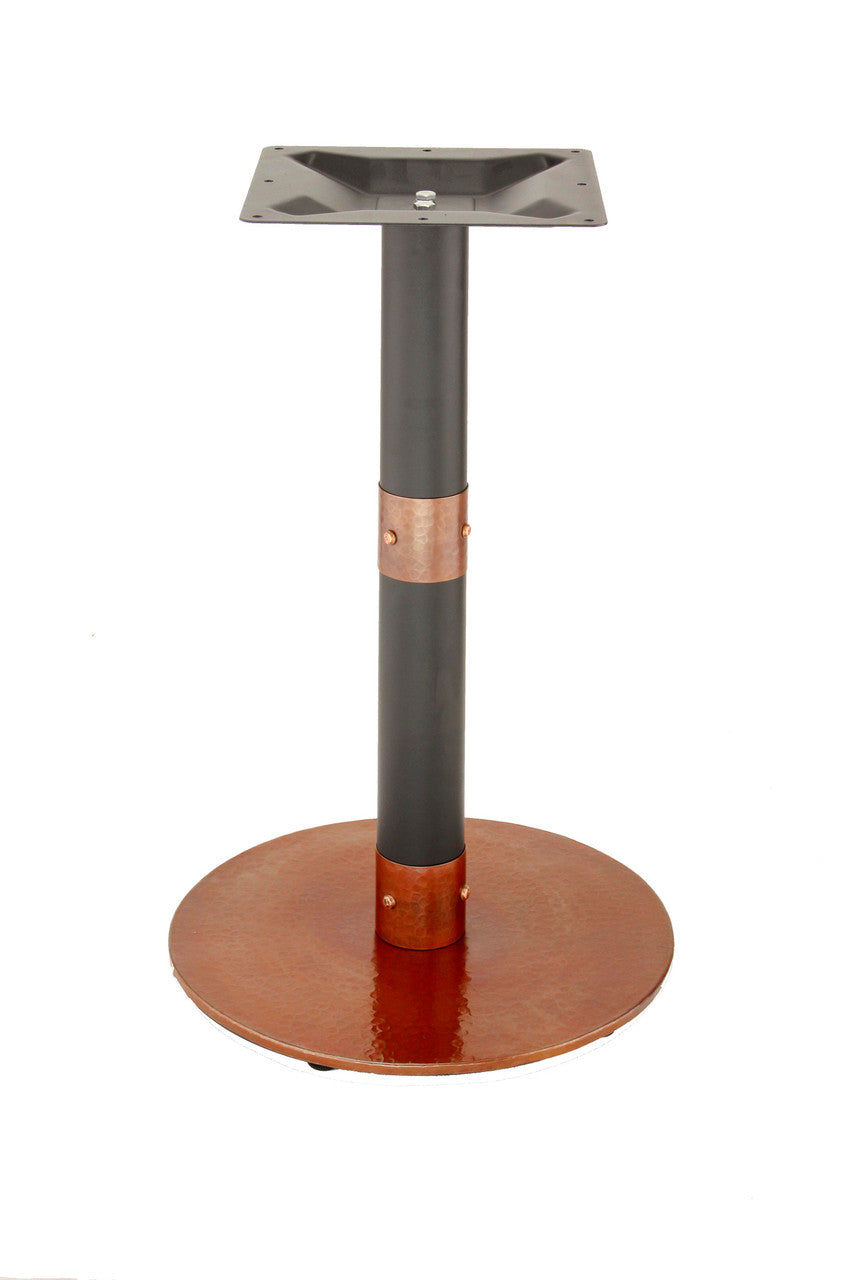 Copper Table Base by Rostek - Durable 3" steel column with a 1mm thick hammered copper cover, 2.5mm pressed steel spider, and a robust floor mounting plate for stability.