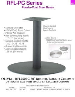 Olivia 30" Round Base with Heavy 10mm thick floor base plate. Using thicker material, makes it suitable for heavier solid tabletops. Thicker and heavier floor plates also help prevent tables from tipping. Rostek columns have a sturdy wall thickness of 1.5mm which also helps prevent flexing.