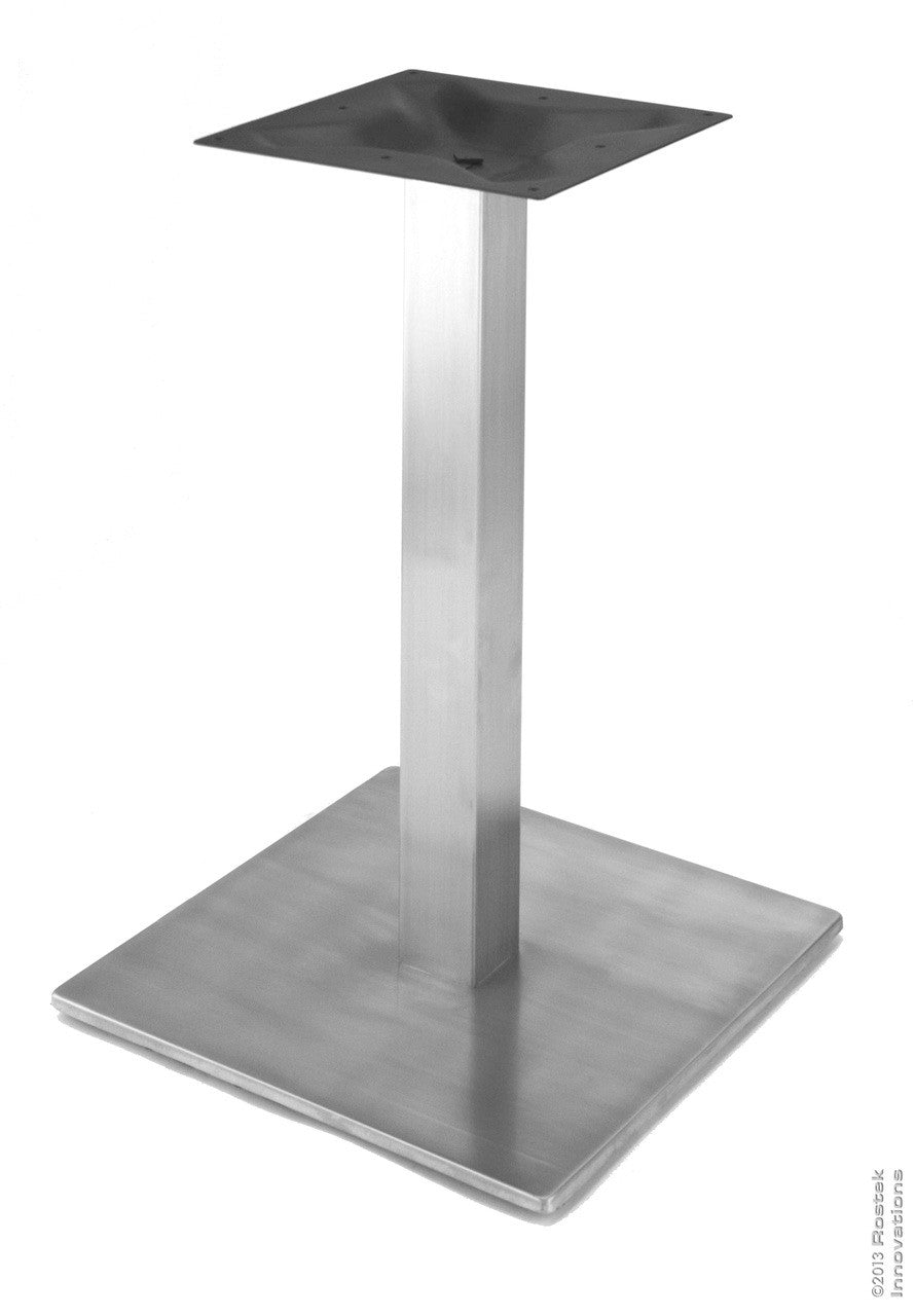 The Rostek RSQ450 18" Stainless Square Base is a durable table base made from high quality 304 grade stainless steel with a brushed finish, featuring a 2.75" square tube. The base plate is a heavy 0.4”/10mm thickness, making it ideal for heavy tops.
