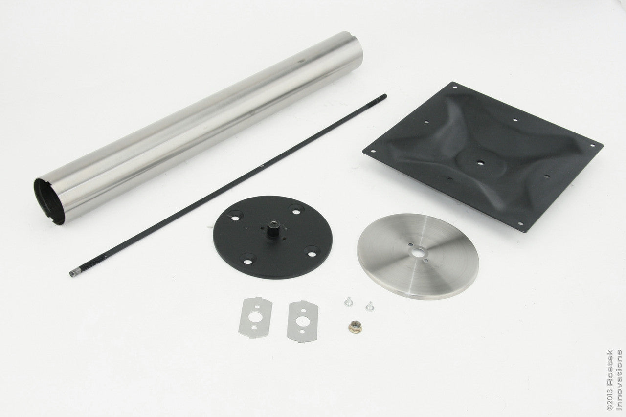 The components of the ECL180 Eclipse Bolt Down Base, include the Stainless Steel Column, the 11.8" Powder Coated Spider, a Threaded Rod and Allen Key. Available in Dining, counter and Bar Heights | Rostek