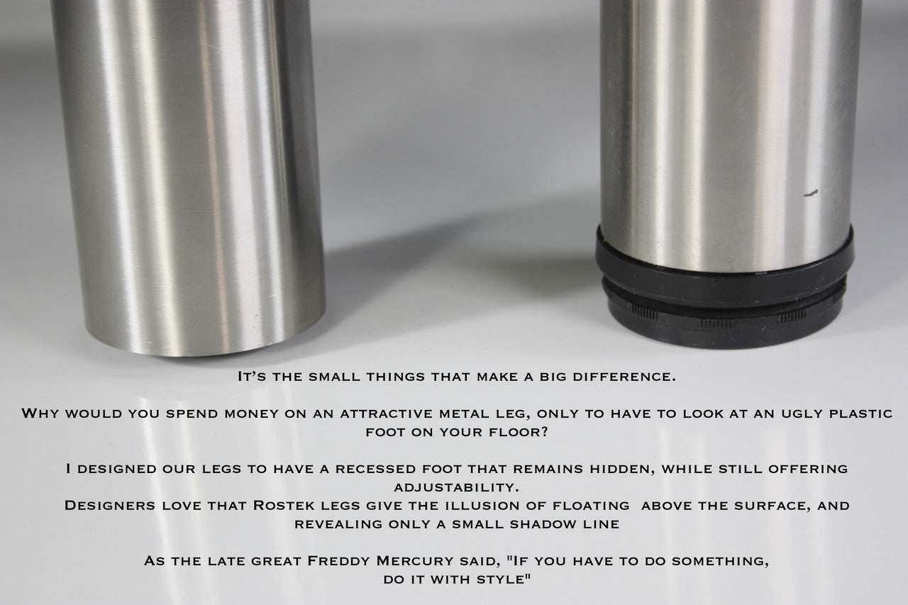 Our KATINDCOP legs have the same hidden and adjustable foot as all our Rostek legs do (as seen in the left-hand image), to ensure your floors are well protected from unnecessary damage.