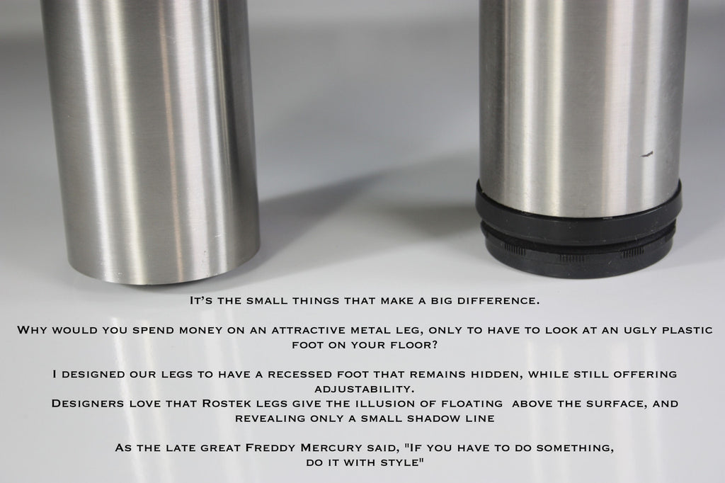 Our KATR76PC legs have the same concealed and adjustable nylon glide foot as all our Rostek legs do (as seen in the left-hand image), to ensure your floors are well protected from unnecessary damage.