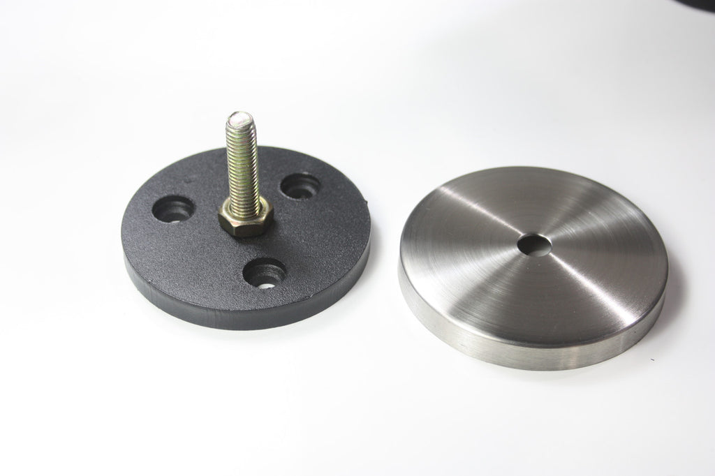 KAT-SF85-RND Fixed Foot - 85mm round black powder-coated steel base for mounting table legs, featuring 3 secure holes. Compatible with KATR and KATS series legs by Rostek. Stainless steel cover is optional.