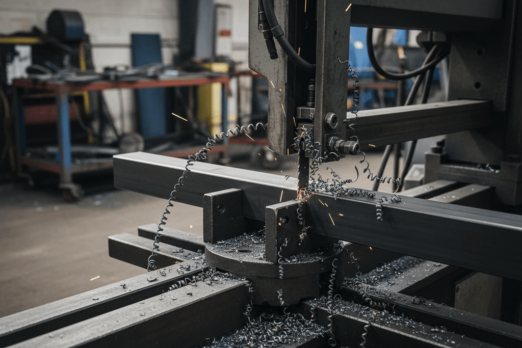 Band saw cutting a black square metal tube