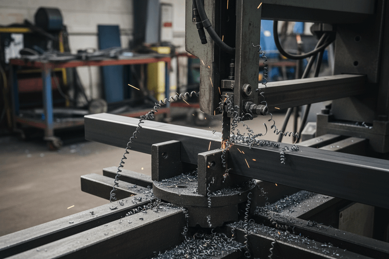 Band saw cutting a black square metal tube