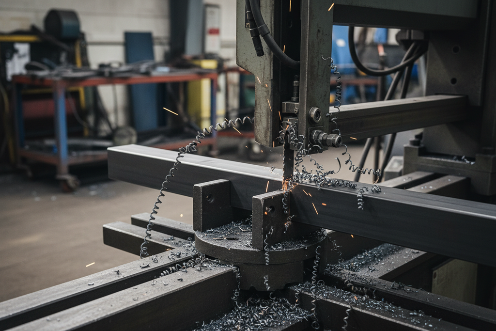 Band saw cutting a black square metal tube