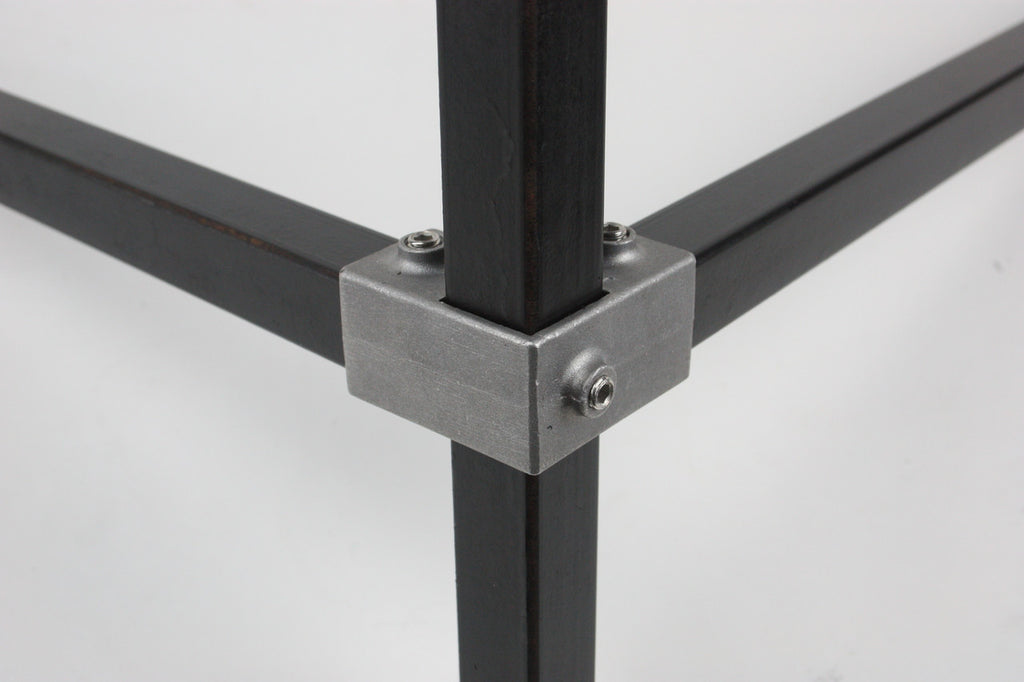   Build-A-Frame  4 Way Corner. 1" Square Tube Metal Frame Connectors. Shown with tube constructed.